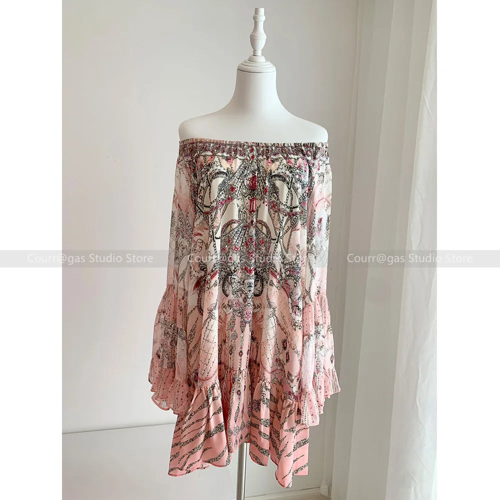 Jeweled Designer Dress Crystals Australian niche off the shoulder pink