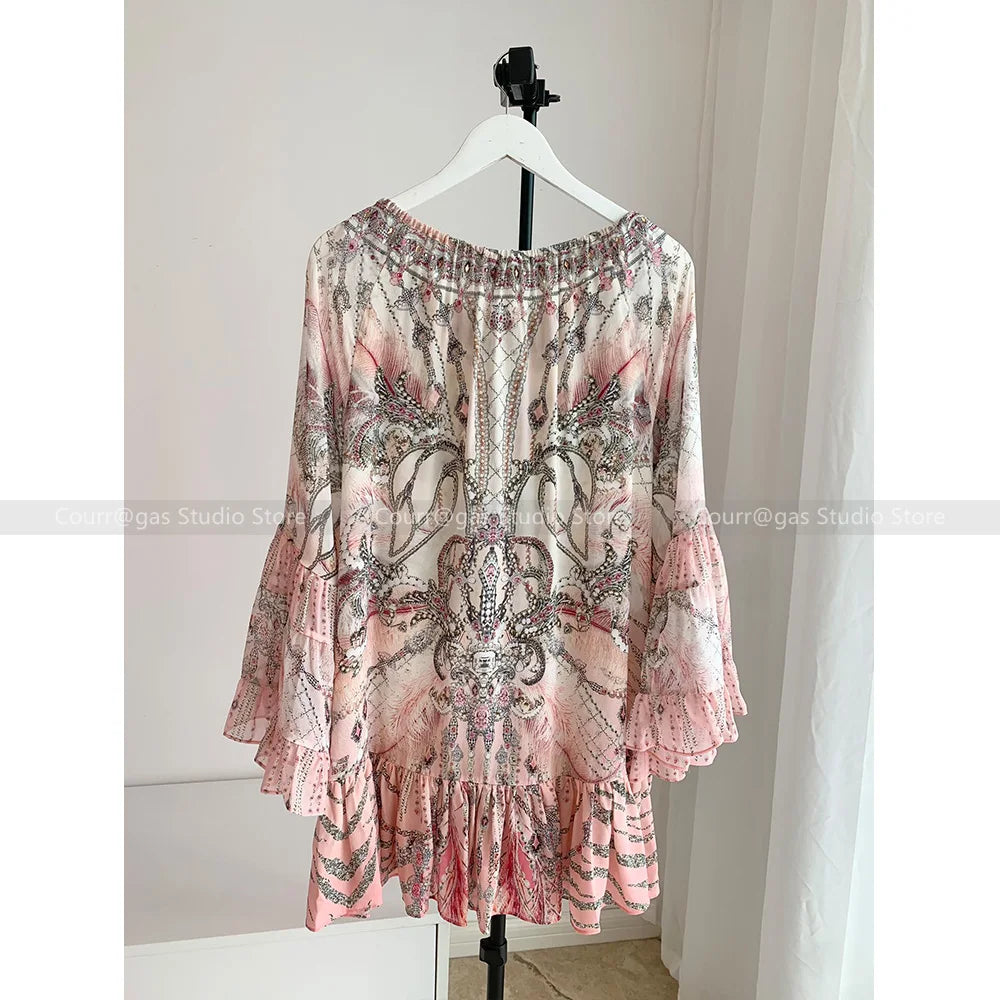 Jeweled Designer Dress Crystals Australian niche off the shoulder pink